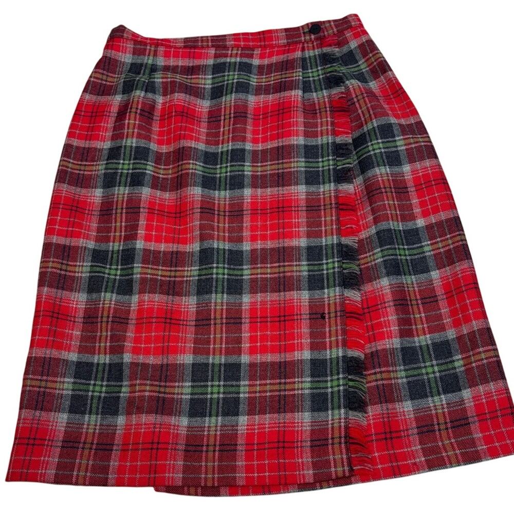 Vintage Plaid Tartan Wool Blanket Skirt Wrap Womens Sz 8 Preppy Academia Red